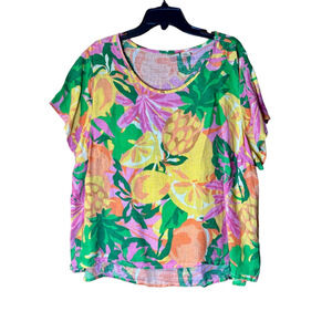 C&C California Linen Tropical Fruit Print Top Plus 2X
